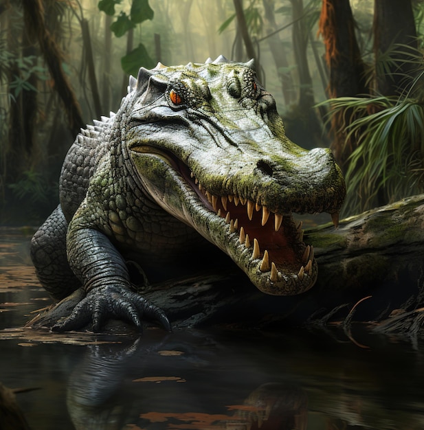 un crocodile avec un œil rouge et une tête verte et le mot crocodile sur le côté de la tête.