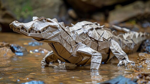 Photo le crocodile origami dans le papier de boue rencontre l'art et la nature