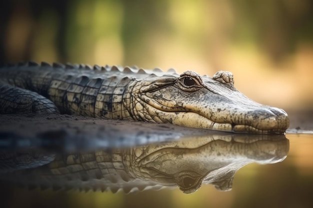 Un crocodile repose sur un étang en Amazonie.