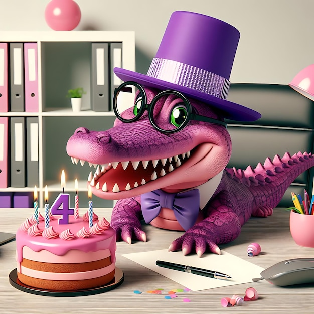 Crocodile rose avec un chapeau violet et des lunettes fête son anniversaire au bureau crocodile joyeux