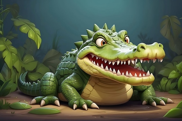 Crocodile de style dessin animé vert sur le fond de feuilles