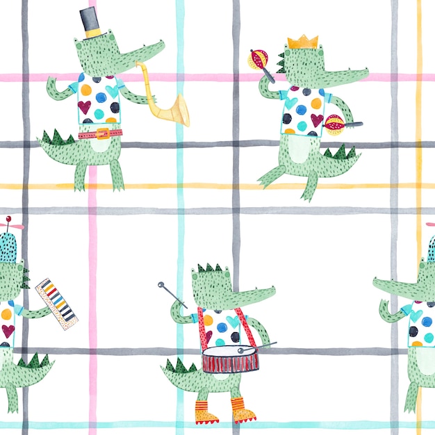 Crocodiles joyeux avec des instruments de musique. Modèle sans couture aquarelle. Fond enfantin créatif pour tissu, textile, papier peint de crèche.