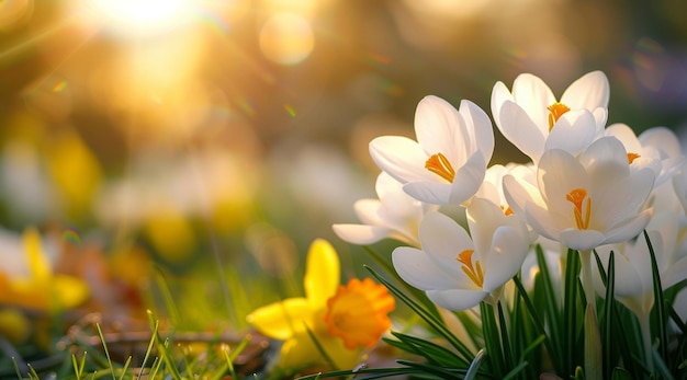 Photo les crocus blancs fleurissent dans un champ ensoleillé annonçant l'arrivée du printemps au milieu d'une chaleur dorée symbolisant les nouveaux commencements et la renaissance de la nature.