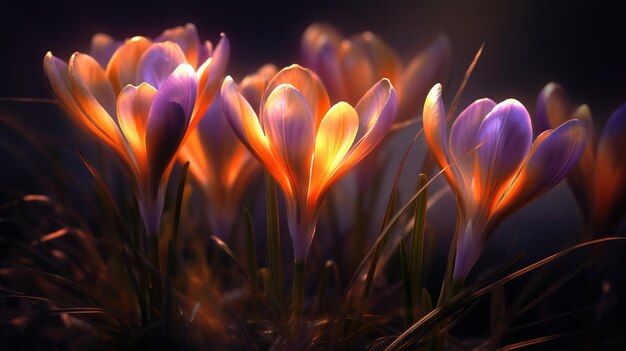 Crocus fleurit sur l'herbe avec la lumière du soleilGenerative AI