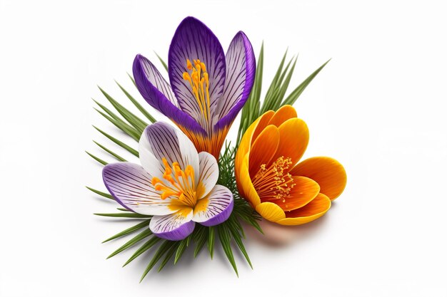 Crocus sur fond blanc fleurs printanières fraîches Généré AI