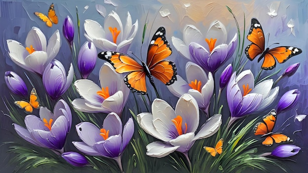 crocus et papillons délicats peints à l'huile