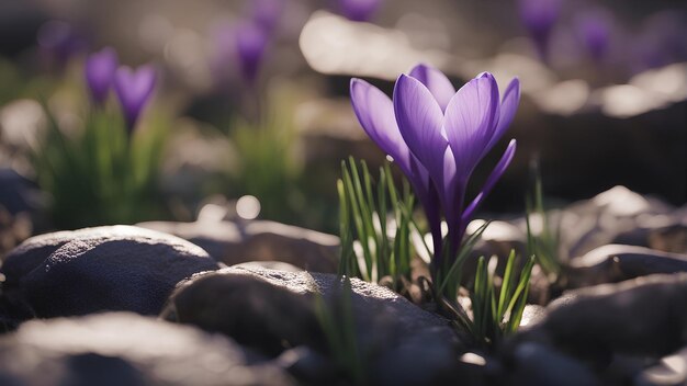 Le Crocus Pourpre pousse au début du printemps grâce à la pierre Generative AI