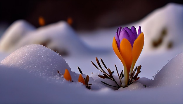 Crocus poussant dans la neige AI générative