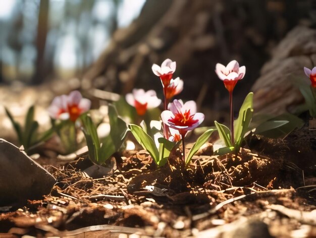 Les crocus rouges poussent du sol dans la forêt les fleurs fleurissent un symbole du printemps une nouvelle vie