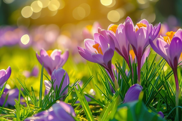 Photo le crocus violet dans l'herbe verte fraîche les fleurs du printemps le soleil