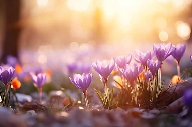 Des crocus violets dans la forêt par temps ensoleillé