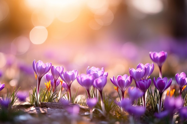 Des crocus violets dans la forêt par temps ensoleillé