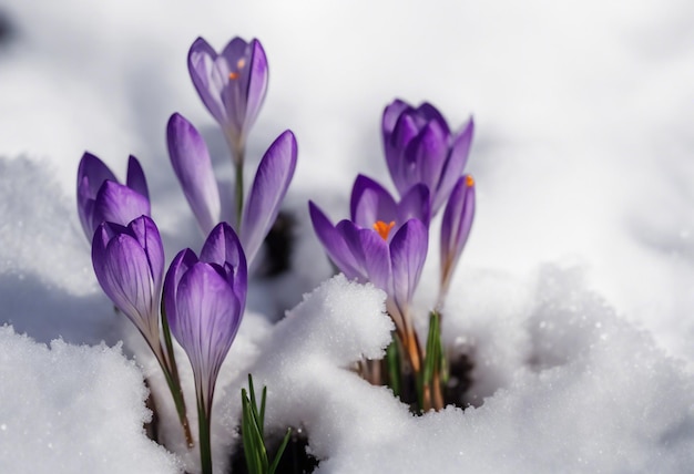 Les crocus violets fleurissent à travers la neige au début du printemps