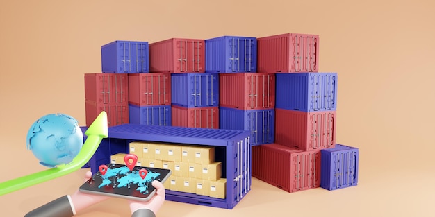 Croissance des affaires de transport. concept de logistique d'entreprise d'importation et d'exportation. Commandes de marchandises en ligne dans le monde entier, illustration 3d