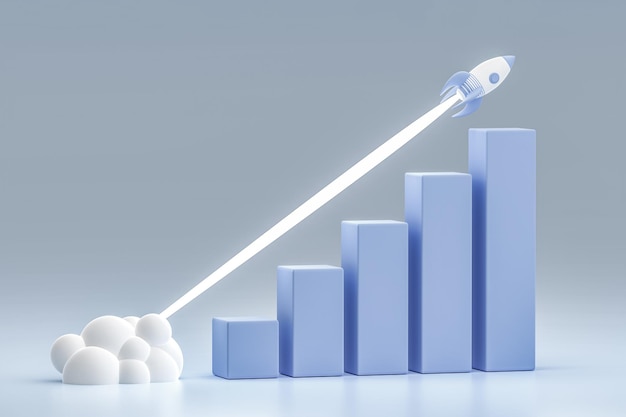 Croissance et augmentation des indicateurs commerciaux positifs Croissance rapide réactive des indicateurs économiques Graphique de croissance de la fusée Concept d'investissement et de croissance des entreprises Graphique à barres grandissant illustration 3d