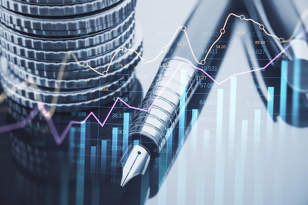 Croissance du marché Forex et concept d'investissement avec chandelier numérique croissant et diagramme sur pile de pièces d'argent et rendu 3D de fond de stylo