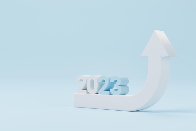 Photo croissance du signe de la flèche vers le haut et date du calendrier de 2023 sur fond bleu clair développement des affaires vers le succès et croissance du concept de croissance des revenus annuels illustration 3d