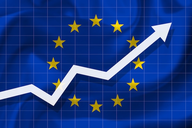 Croissance de la flèche blanche vers le haut sur le fond du drapeau de l'Union européenne