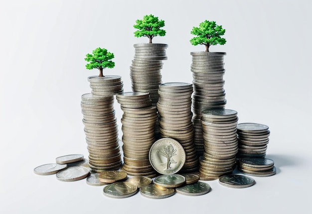 La croissance et l'investissement verdissent les arbres sur des pièces empilées illustrant l'économie d'argent et les affaires