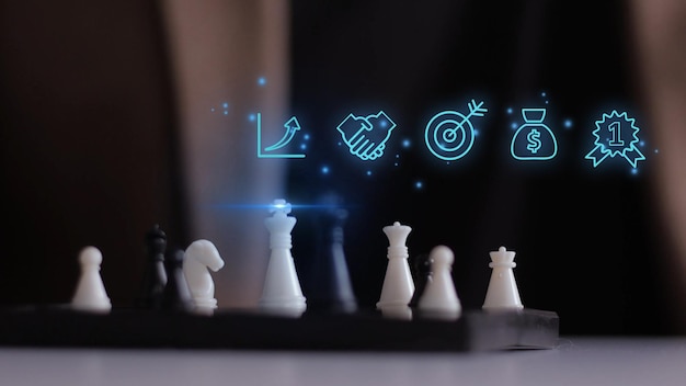 Croissance de la planification d'entreprise l'argent bancaire vise le succès chessdigital digital hologram busine