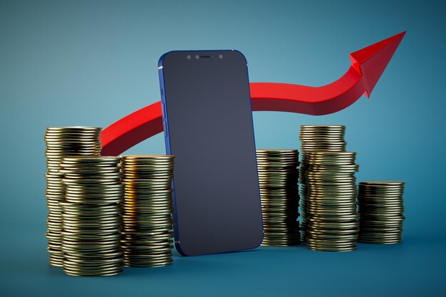 Croissance des revenus sur Internet smartphone piles de pièces en dollars et une flèche rouge vers le haut rendu 3D