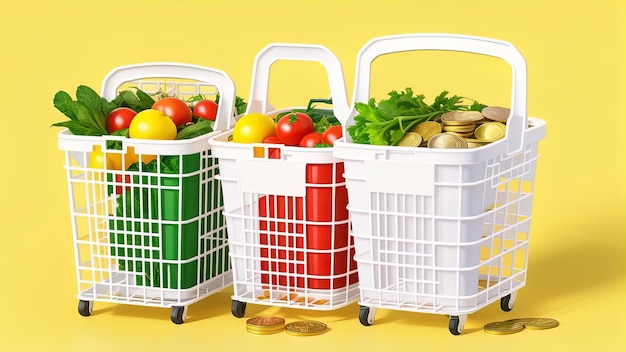 Croissance des ventes de produits alimentaires ou croissance du panier de marché ou concept d'indice des prix à la consommation Panier avec des aliments avec des piles de pièces sur fond jaune