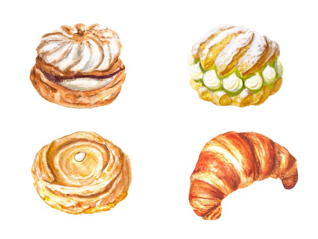 Croissant à l'aquarelle et collection de boulangerie sucrée générative ai