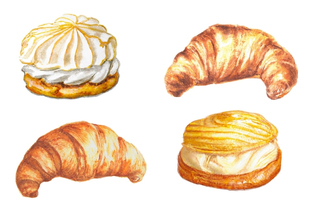 Croissant à l'aquarelle et collection de boulangerie sucrée générative ai