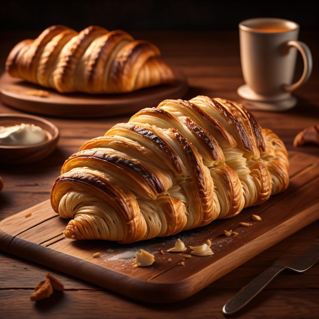 Croissant sur une assiette en bois