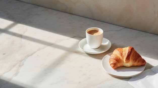 Un croissant sur une assiette à côté d'une tasse de café