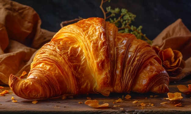 Croissant assis sur une table en bois à côté de la plante Generative AI