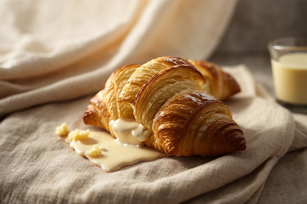 Croissant au beurre posé sur toile de lin