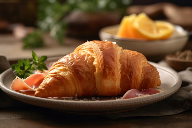 Croissant au jambon et fromage sur fond sombre Réseau de neurones généré par l'IA