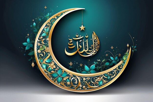 Croissant brillant décoré de fleurs Lune avec texte de calligraphie islamique arabe Eid Mubarak sur g