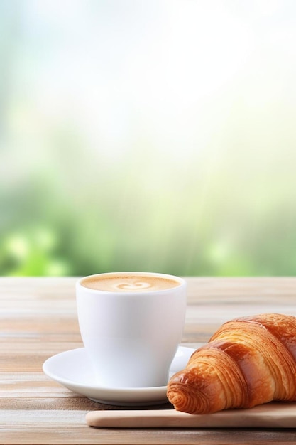 croissant et café sur le comptoir de la cuisine contre un intérieur minimaliste flou avec des meubles modernes