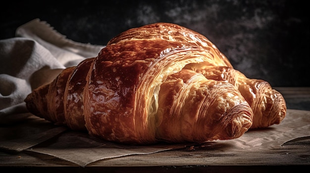 Un croissant avec une croûte croustillante est assis sur une assiette