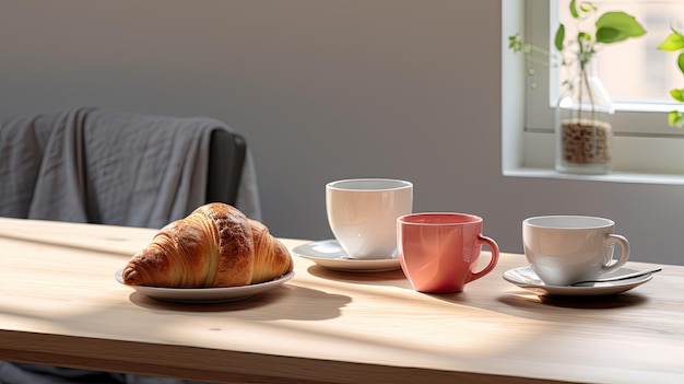 un croissant délicieux et une tasse de café élégamment placés sur un comptoir de cuisine la scène contre un intérieur minimaliste avec des meubles modernes