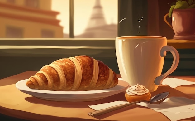 Photo croissant dessiné et tasse de café sur un fond de café illustrations de pâtisserie aquarelle générées par ai