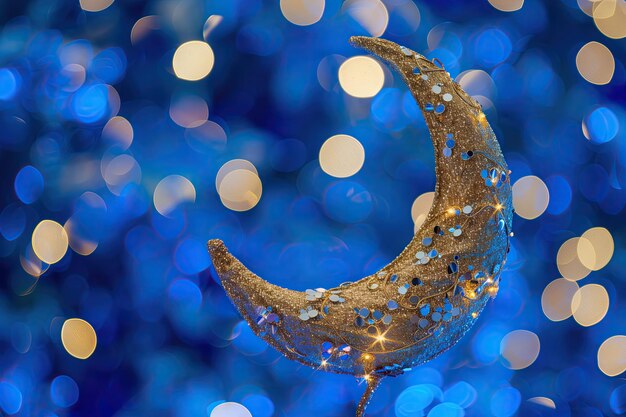 Photo le croissant doré sur fond bleu brillant concept de célébration de la fête du ramadan kareem