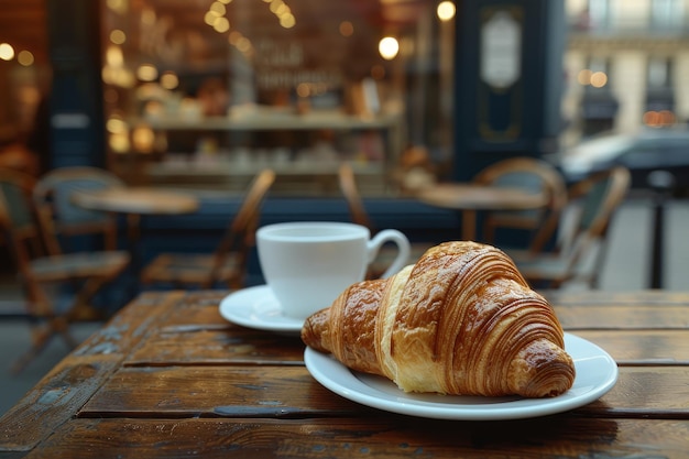 Un croissant est sur une assiette à côté d'une tasse de café