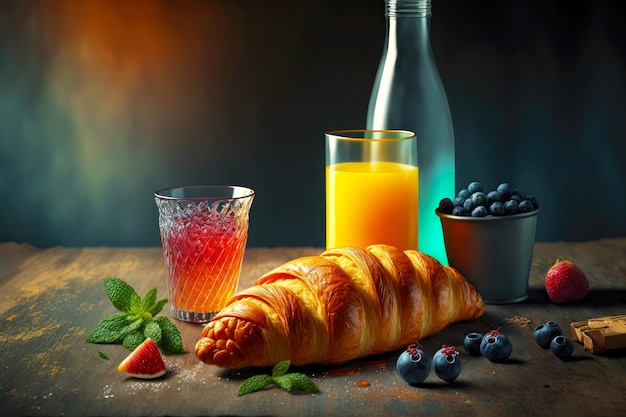 Croissant frais de baguette se trouvant sur la table à côté des jus de fruit