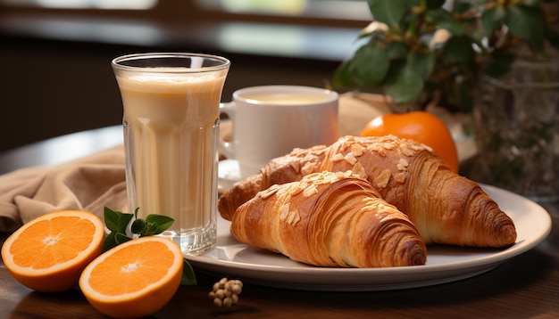 Croissant frais et café sur une table en bois un délice gourmet généré par l'IA