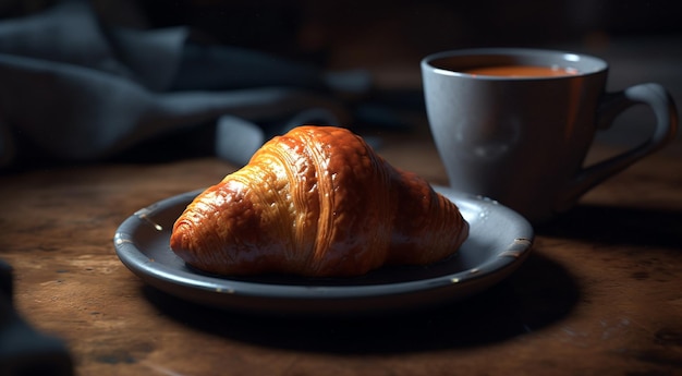 Croissant frais et café sur une table en bois rustique générée par l'intelligence artificielle