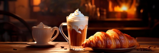 Croissant français sucré avec glaçage et café avec lait