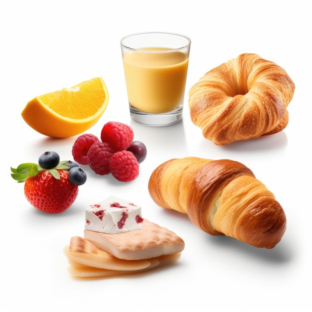 Un croissant, des fruits et du jus d'orange sont sur une table.