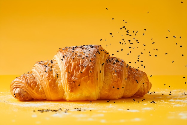 Un croissant avec des graines noires qui volent autour de lui.