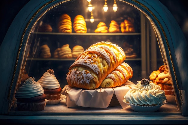 Croissant joliment décoré et pâtisseries en vitrine