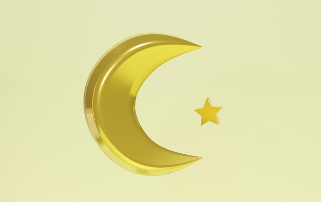 Croissant De Lune 3d Et étoile Sur Fond Jaune, Thème Du Ramadan. Illustration De Rendu 3d