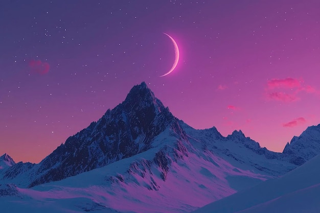 Un croissant de lune brille au-dessus des montagnes enneigées sous un ciel étoilé.