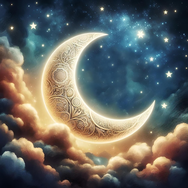 le croissant de lune dans le ciel décoré d'étoiles et de nuages pour célébrer les fêtes islamiques dans une peinture